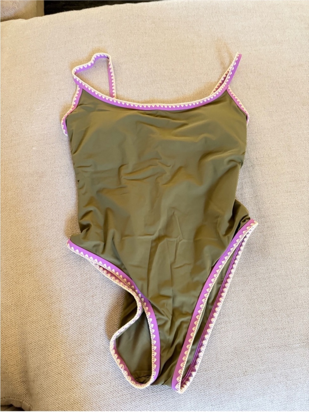 J.Crew Crochet Trim Scoopback One Piece Swimsuit Olive Purple NWT Size 6 - Picture 4 of 6